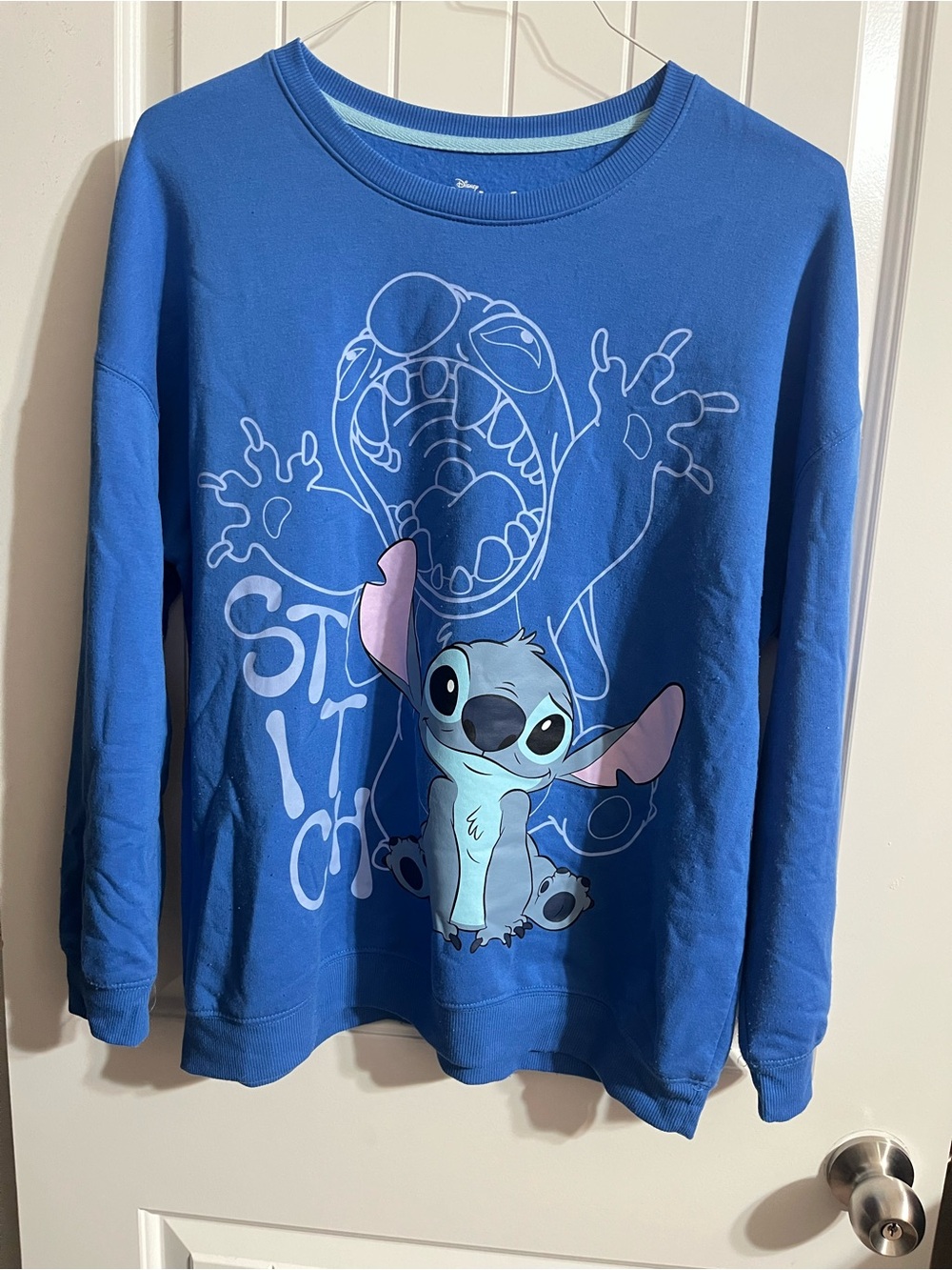 Disney Stitch Sweatshirt Crewneck Blue Graphic Print Pullover Top Size L